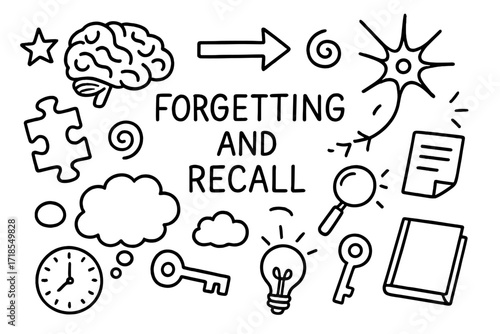 Memory Illustration. Hand-drawn doodle illustration Forgetting and recall [brain, broken puzzle piece, arrow, neuron, spark, swirl, thought bubble, cloud,