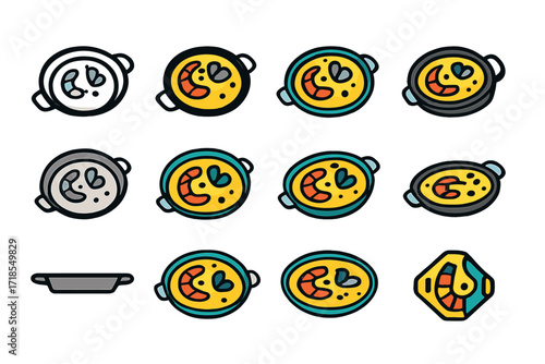 Spanish Paella Logo Design. Set Logo of Food culture and traditions: Spanish paella pan. Logo set in vector style, emblematic variations. line, bold thick