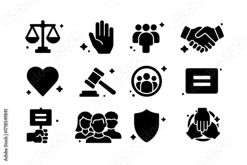 Symbols of Fairness. Fairness. Solid icons set of balanced scale, open hand, group of people, handshake, heart, justice hammer, inclusive circle, equality