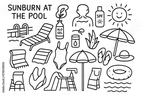 Poolside Sunburn Doodles. Hand-drawn doodle illustration Sunburn at the pool [pool edge, lounge chair, sunburn mark, sunscreen, towel, swimsuit, SPF icon,