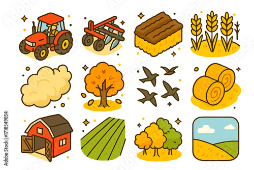 Colorful Harvest Icons. Colorful isometric vector icons set of a tractor plowing a field during harvest season: red tractor, plow attachment, soil furrows,