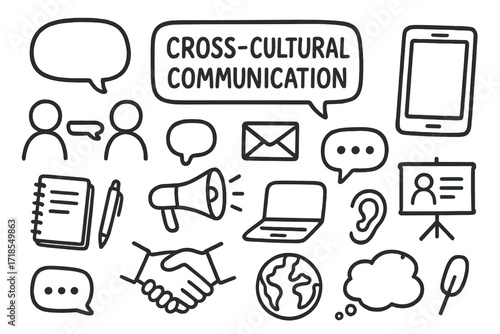 Communication Icons Doodle. Hand-drawn doodle illustration Cross-cultural communication, speech bubble, handshake, globe, people talking, thought bubble,