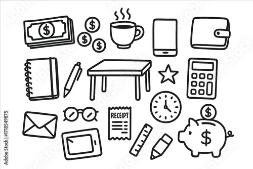 Money and Coffee Break Essentials. Hand-drawn doodle illustration money and coffee break bills, coins, coffee cup, wallet, phone, notebook, pen, table,