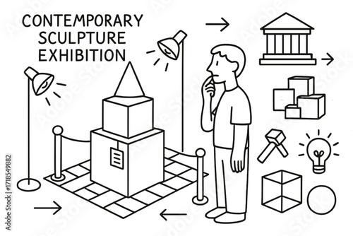 Geometric Sculpture Exhibition. Hand-drawn doodle illustration [contemporary sculpture exhibition] [geometric sculpture, pedestal, spotlights, person