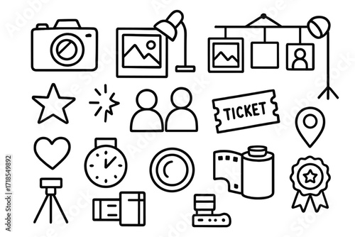 Photography Exhibit Doodles. Hand-drawn doodle illustration Participating in a photography exhibition camera, photo frame, gallery wall, spotlight, tripod,