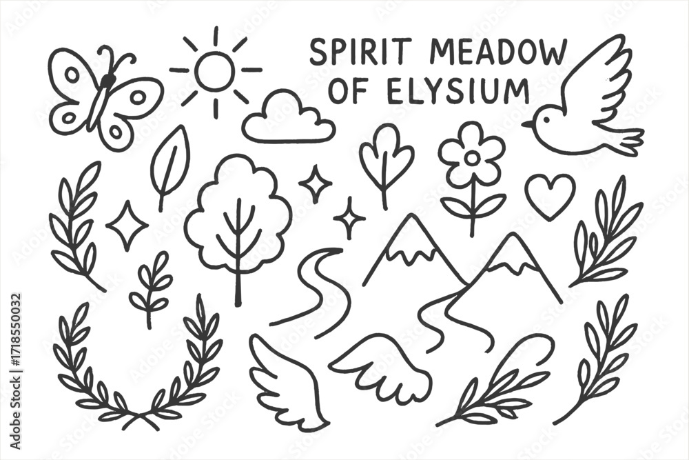 Fototapeta premium Elysian Doodle Icons. Hand-drawn doodle illustration Spirit meadow of Elysium [butterfly, bird, tree, flower, leaf, sun, cloud, star, sparkle, heart, laurel
