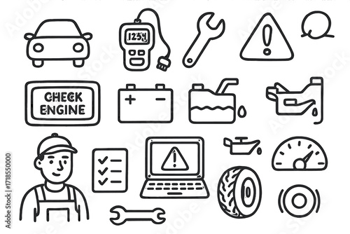 Vehicle Diagnostics Icons. Hand-drawn doodle illustration vehicle diagnostics car icon, scanner tool, wrench, alert light, dashboard display, error code,