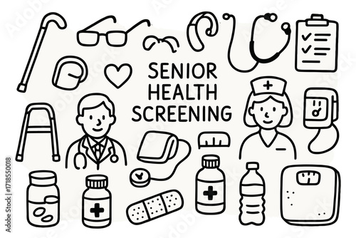 Senior Health Essentials. Hand-drawn doodle illustration senior health screening cane, glasses, hearing aid, stethoscope, blood pressure monitor, pill bottle,