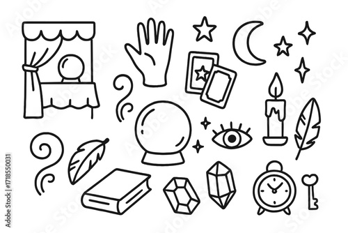 Fortune Telling Icons. Hand-drawn doodle illustration fortune telling booth crystal ball, tarot cards, candle, draped curtain, hand, star, moon, eye, table,