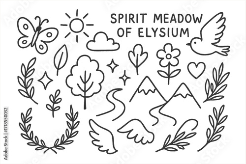 Elysian Doodle Icons. Hand-drawn doodle illustration Spirit meadow of Elysium [butterfly, bird, tree, flower, leaf, sun, cloud, star, sparkle, heart, laurel
