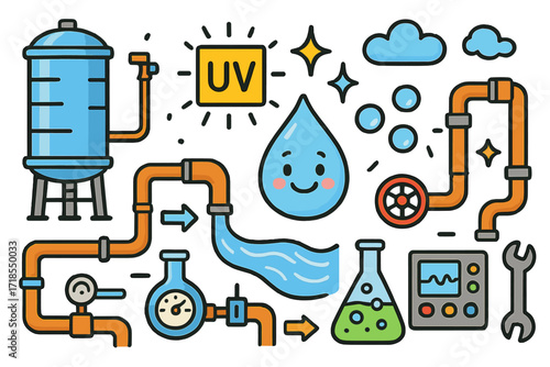 Urban Water Purification. Colorful Hand-drawn doodle Children illustration Urban water purification tall tank, city pipes, smiling droplet, UV light icon,