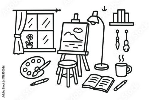Art Studio Doodle. Hand-drawn doodle illustration artist studio with window light easel, canvas, paintbrush, palette, stool, lamp, curtain, window, light beam,
