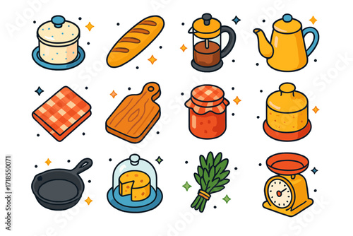 French Kitchen Icon Set. Colorful isometric vector icons set of French country kitchen elements: butter crock, baguette, French press, enamel teapot, gingham