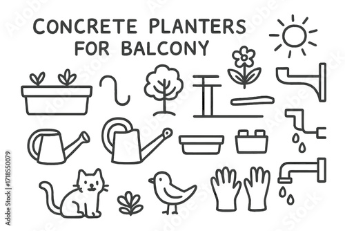 Balcony Planter Doodle. Hand-drawn doodle illustration [Concrete planters for balcony] [rectangular planter, small tree, balcony rail, flower, leaf, watering