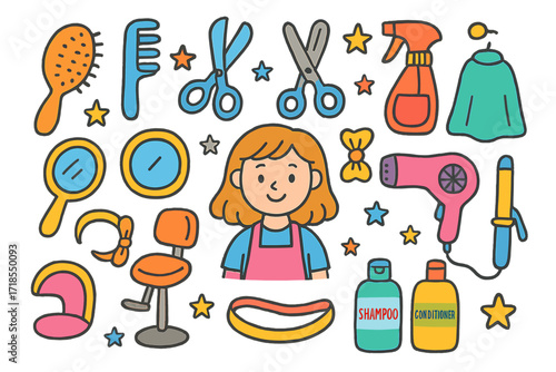 Kids Hair Salon Fun. Colorful Hand-drawn doodle Children illustration Salon playset hairbrush, comb, scissors, spray bottle, mirror, chair, cape, headband,