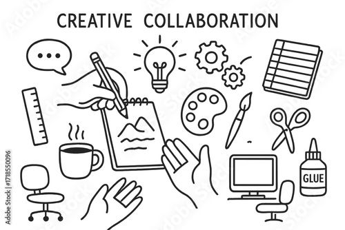 Creative Collaboration Doodles. Hand-drawn doodle illustration Creative Collaboration [two hands, pencil, sketchpad, light bulb, gears, paint palette, brush,