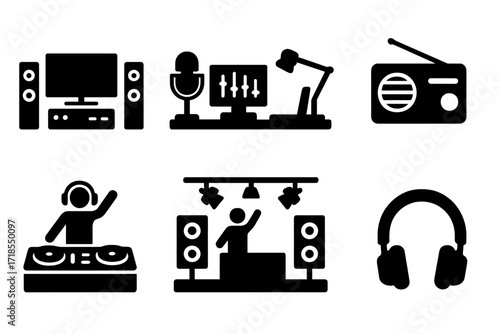 Audio Icon Grid. Solid, filled icon set of audio setups: home theater, recording studio, podcast studio, radio station, DJ booth, live concert, headphone
