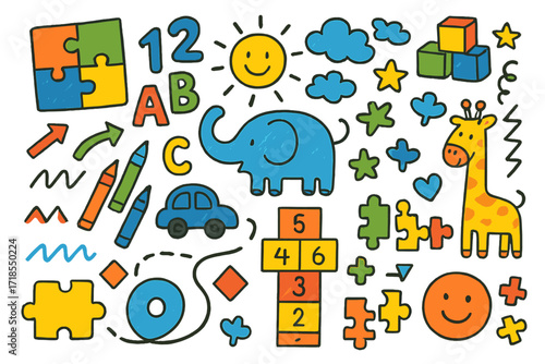 Playroom Doodle Rug Design. Colorful Hand-drawn doodle Children illustration Playroom rug designs toy blocks, puzzle pieces, ABC letters, numbers, sun, clouds,
