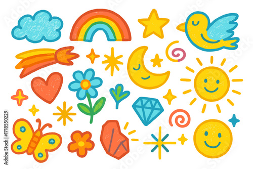 Whimsical Children's Doodles. Colorful Hand-drawn doodle Children illustration Surreal Thoughts [clouds, rainbow, star, moon, comet, heart, flower, spark,