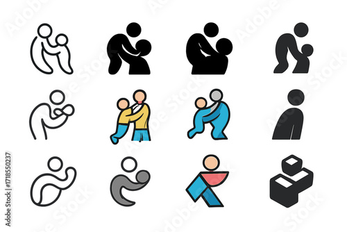 Parents' Joy Logo Grid. Set Logo of Parents? Joy: Parent lifting child. Logo set in vector style, emblematic variations. line, bold thick line, solid black