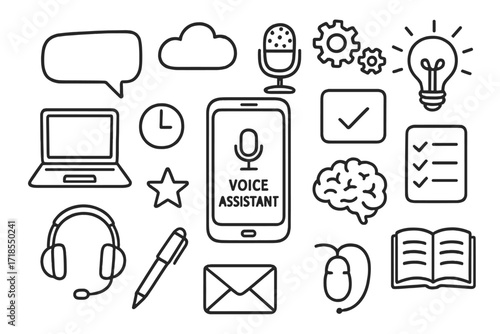 Digital Assistant Doodles. Hand-drawn doodle illustration digital personal assistant smartphone, laptop, microphone, speech bubble, cloud, gears, brain, light