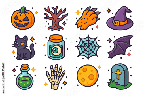 Halloween Icon Set. Colorful isometric vector icons set of Halloween fear elements: jack-o?-lantern grin, creepy tree, werewolf paw, witch?s hat, black cat,