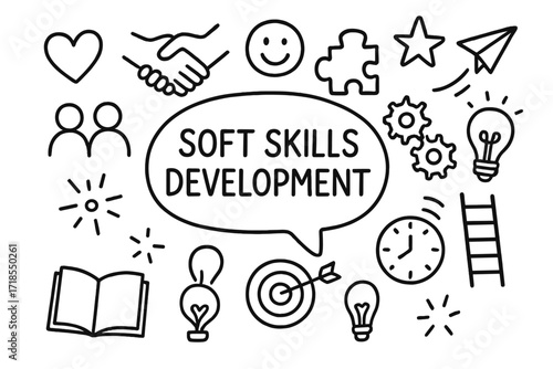 Soft Skills Icons. Hand-drawn doodle illustration Soft skills development speech bubble, handshake, heart, smiling face, puzzle piece, star, people icons,