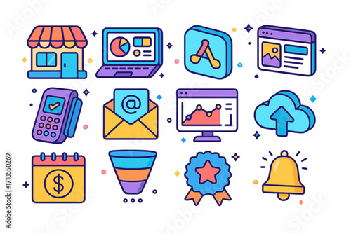 Digital Icon Collection. Colorful isometric vector icons set of digital entrepreneurship: ecommerce shop, laptop with dashboard, mobile app icon, website