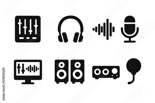 Audio Equipment Icons. Solid, filled icon set of solo recording and production: mixing console, headphones, sound wave, microphone, DAW, studio monitors, audio