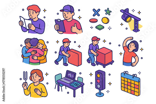 Rehearsal Icons Set. Colorful isometric vector icons set of Rehearsal and stage preparation: actor reading script, director with clipboard, stage blocking