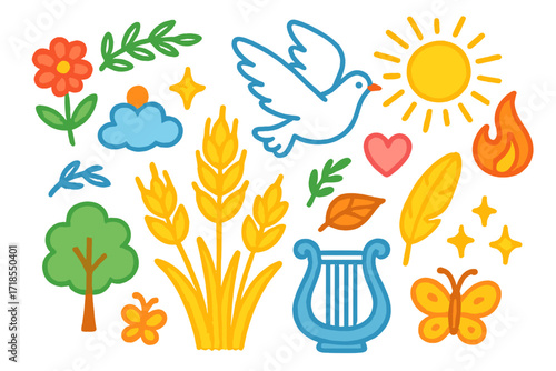 Sacred Fields Icons. Sacred fields. Colorful Hand-drawn doodle Children illustration golden wheat, flower, laurel wreath, dove, harp, feather, star, heart,