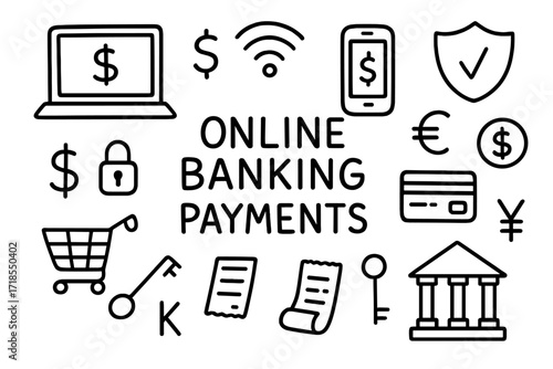 Online Banking Icons. Hand-drawn doodle illustration Online banking payments [laptop, smartphone, wifi symbol, credit card, dollar sign, euro sign, yen sign,