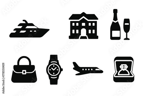 Luxury Icon Set. Solid, filled icon set of luxury lifestyle: yacht, sports car, mansion, champagne bottle, designer bag, watch, private jet, jewelry box.