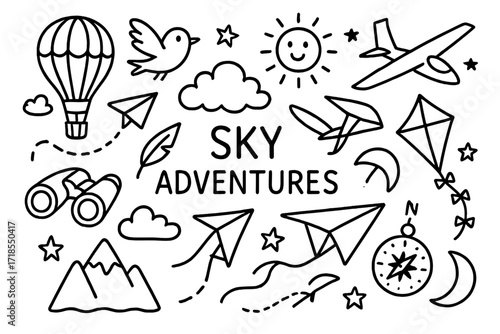 Sky Exploration Icons. Hand-drawn doodle illustration [Sky adventures] [hot air balloon, bird, cloud, sun, paper plane, parachute, glider, kite, stars,