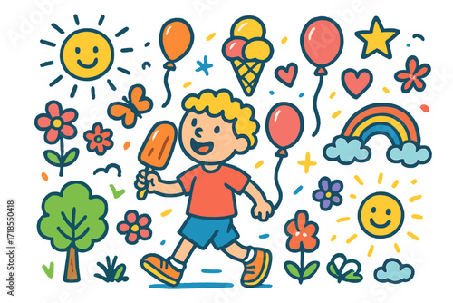 Kids' Popsicle Parade. Colorful Hand-drawn doodle Children illustration Walking with Popsicle Joy [popsicle, shoes, balloon, child, ice cream cone, heart,