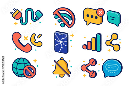 Lost Connections Icons. Colorful isometric vector icons set of Lost connections: unplugged cord, ?no wifi? symbol, unread text, call dropped icon, shattered
