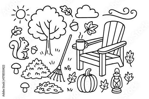 Cozy Autumn Doodle. Hand-drawn doodle illustration Cozy autumn yard [leaf pile, rake, chair, mug, pumpkin, lantern, tree, mushroom, squirrel, acorn, oak leaf,