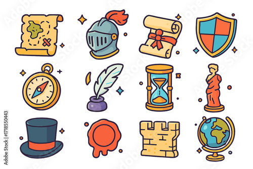 Historical Isometric Icons. Colorful isometric vector icons set of Historical Genre: old parchment map, knight helmet, scroll tied with ribbon, medieval