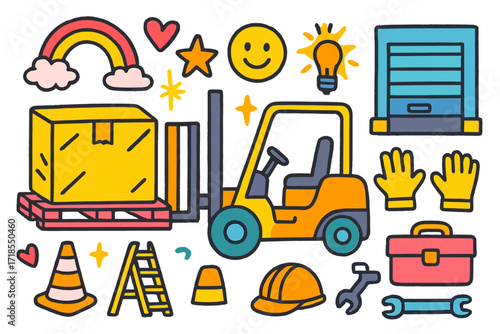 Playful Forklift Doodle. Colorful Hand-drawn doodle Children illustration Forklift Transport [forklift, big box, warehouse door, pallet, heart, spark, rainbow,