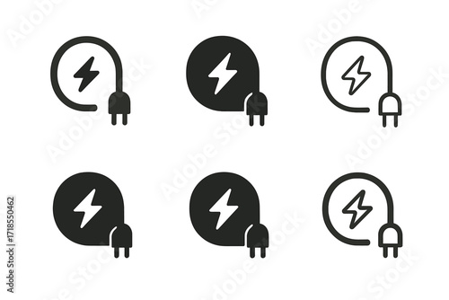 Electric Vehicle Logos. Electric Vehicles. Set Logo of Electric Vehicles: EV charging cable. harmonious logo variations of the same emblematic concept, each