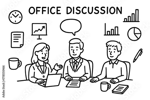 Office Brainstorm Doodles. Office Discussion. Hand-drawn doodle illustration office discussion businesswoman, employees, speech bubble, laptop, coffee cup,