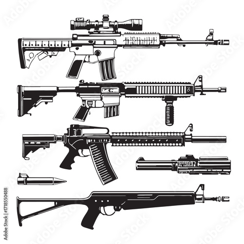 Black military firearms Silhouette Vector, High Quality Illustration on White Background