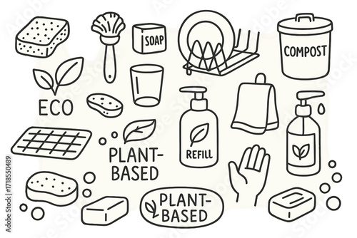 Eco-Friendly Dishwashing Icons. Hand-drawn doodle illustration [eco-friendly dishwashing] [reusable sponge, bamboo brush, biodegradable soap, dish rack,