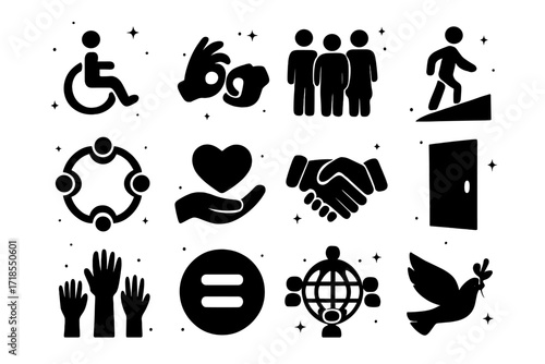 Inclusion Icon Set. Inclusion. Solid icons set of wheelchair symbol, sign language hand, diverse people, accessible ramp, inclusive circle, support heart,