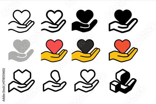 Respect in Love Logos. Set Logo of Respect in Love: Holding Heart Gently. Logo set in vector style, emblematic variations. line, bold thick line, solid black