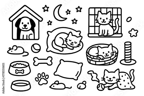 Cozy Pet Doodle. Hand-drawn doodle illustration pets in cozy spaces kennel, crate, basket bed, cushion, pillow, blanket, toy mouse, ball, chew bone, scratching