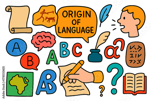 Origins of Language. Colorful Hand-drawn doodle Children illustration Origin of language speech bubble, ancient script, cave painting, feather pen, scroll,