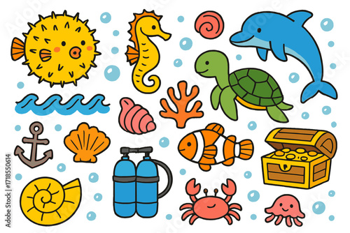 Marine Doodle Fun. Colorful Hand-drawn doodle Children illustration Marine life fun pufferfish, sea horse, dolphin, turtle, coral, sea snail, anchor,