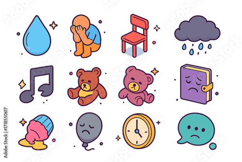 Sad Icon Collection. Colorful isometric vector icons set of Sad moments: tear drop, face in hands, lonely chair, melting ice cream, broken music