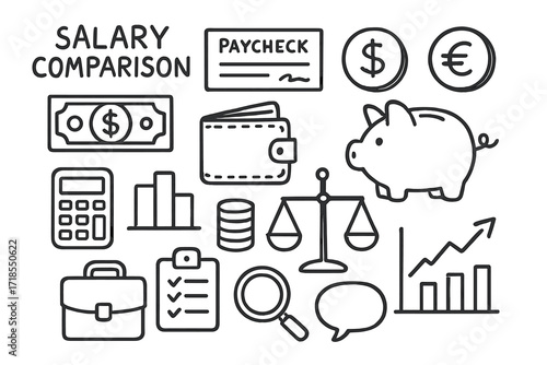 Finance Doodle Icons. Hand-drawn doodle illustration salary comparison paycheck, dollar bill, euro coin, wallet, piggy bank, calculator, coin stack, bar chart,